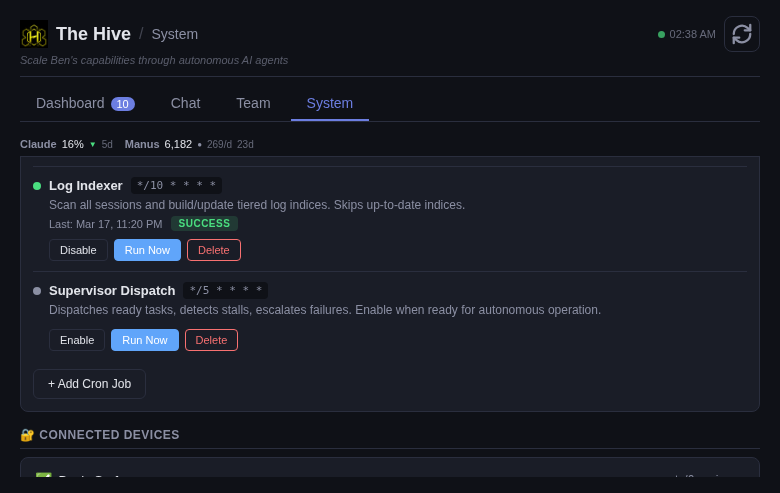 System tab showing automated cron jobs and supervisor dispatch