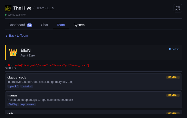 Team view showing agent profiles and skill configurations